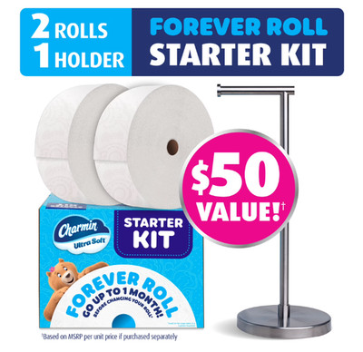 Charmin Ultra Soft Toilet Paper, Forever Roll Starter Kit, 1 Holder, 2 Rolls