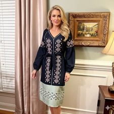 $450 NWT Tory Burch Katya Embroidered Tunic Style Midi Dress Navy Green Size 0