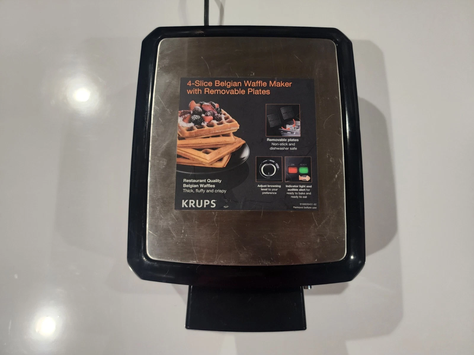KRUPS Stainless Belgian Waffle Maker GQ502 4 Slice Removable Plate *SEE*