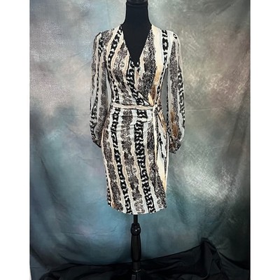 Diane von Furstenberg Sigourney Animal Print Wrap Dress Black Beige White Size 4