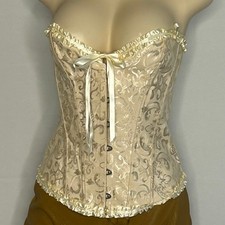 Ivory Lace-Up Boned Corset Bustier Top Size Large Ruffle Trim