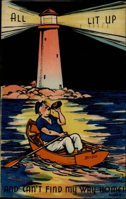 Lighthouse man boating while drunk pun comic All Lit Up 1945 to Miles City MT PC