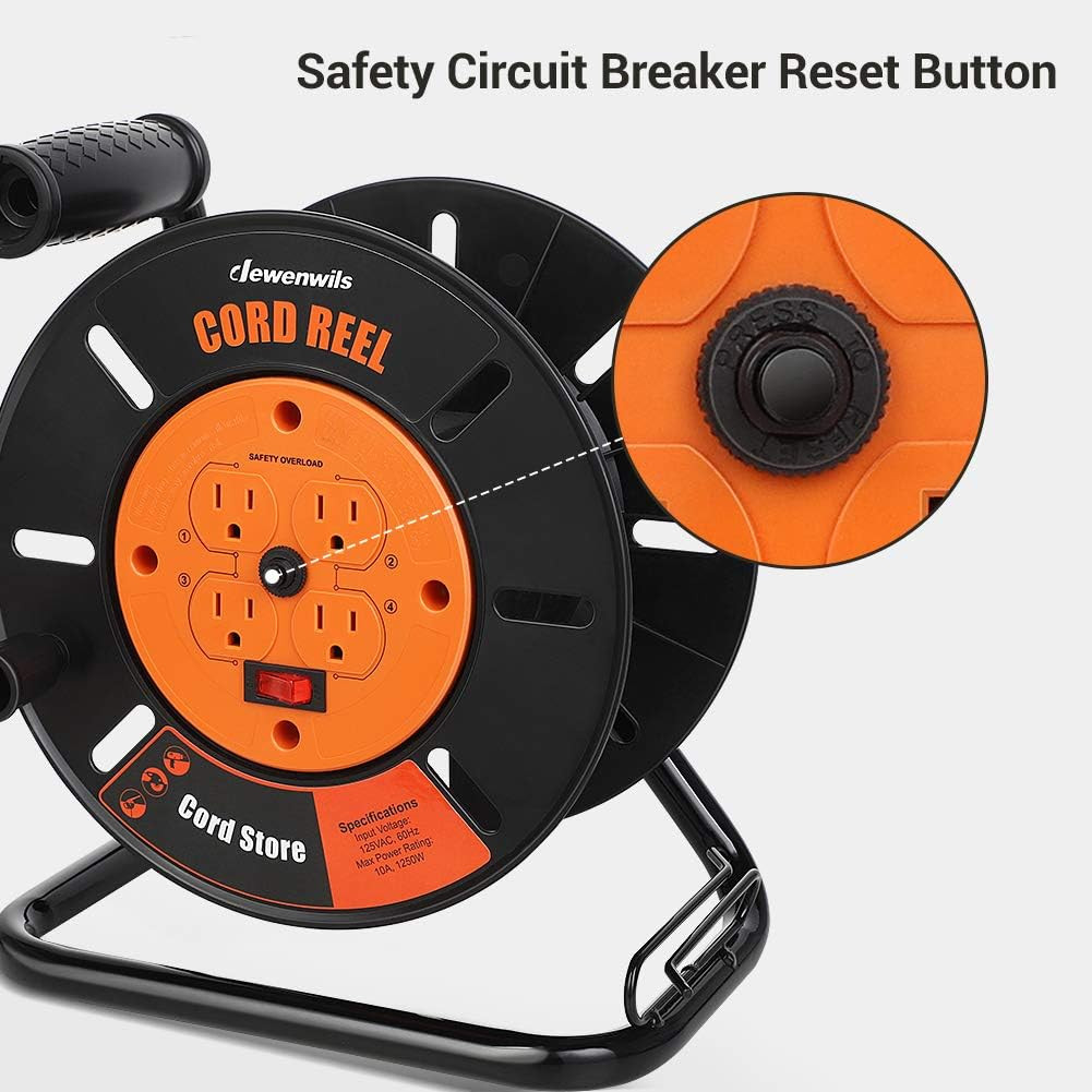 Extension Cord Storage Reel with 4-Grounded Outlets, Heavy Duty Open Cord Reel f