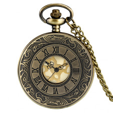 Steampunk Carving Roman Number Case Unisex Quartz Pocket Watch Pendant Chain