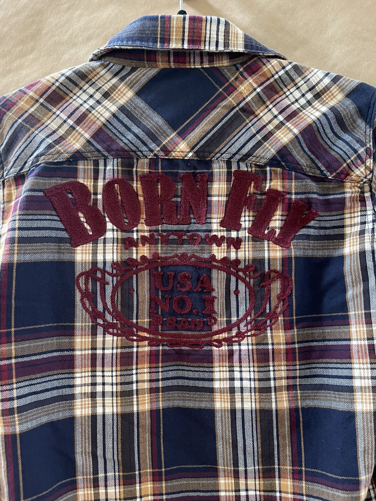 Born Fly Blue Plaid Flannel Patchwork Button Shir… - image 5