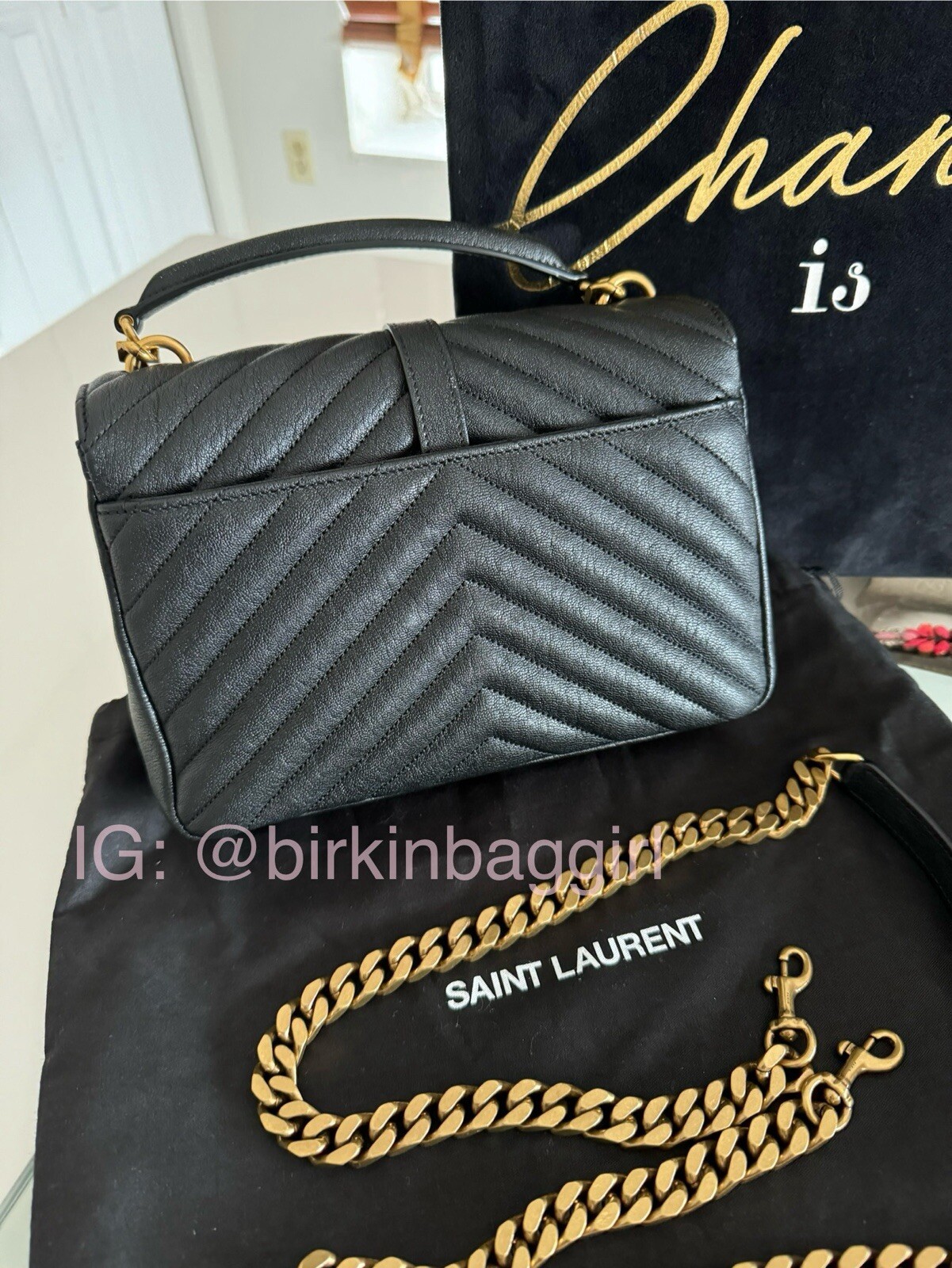 Nuovo! Borsa Saint Laurent media college pelle nera bronzo oro ferramenta