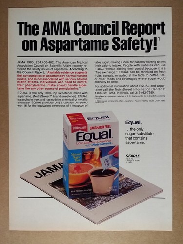 1986 Searle Equal NutraSweet Sweetener Aspartame Safety vintage print Ad - Afbeelding 1 van 1