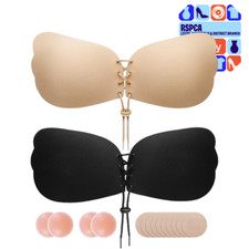New Invisible Sticky Bra Nude & Black Lace Up Strapless Backless Size D RRP £20