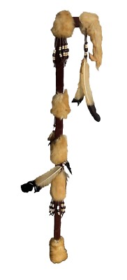 Native American Style Feather & Fox Tail Coup Stick Assembled In Mexico