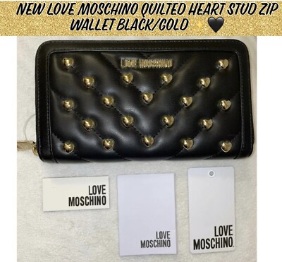 New Love Moschino Quilted Heart Stud Zip Wallet Black/Gold  