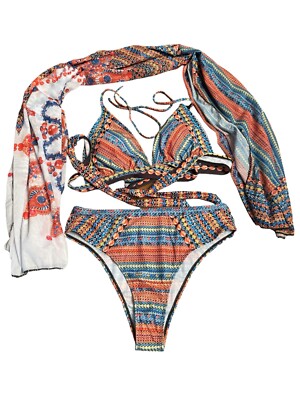 Three Piece High Waisted Multi Colored Bikini NWOT 