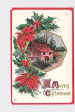Holiday Postcard Merry Christmas Poinsettias Holly Farmstead Embossed