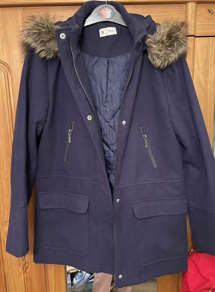 Abrigo de lana azul para mujer La Redoute talla UK10 con capucha estilo moda Foto 2 de 4