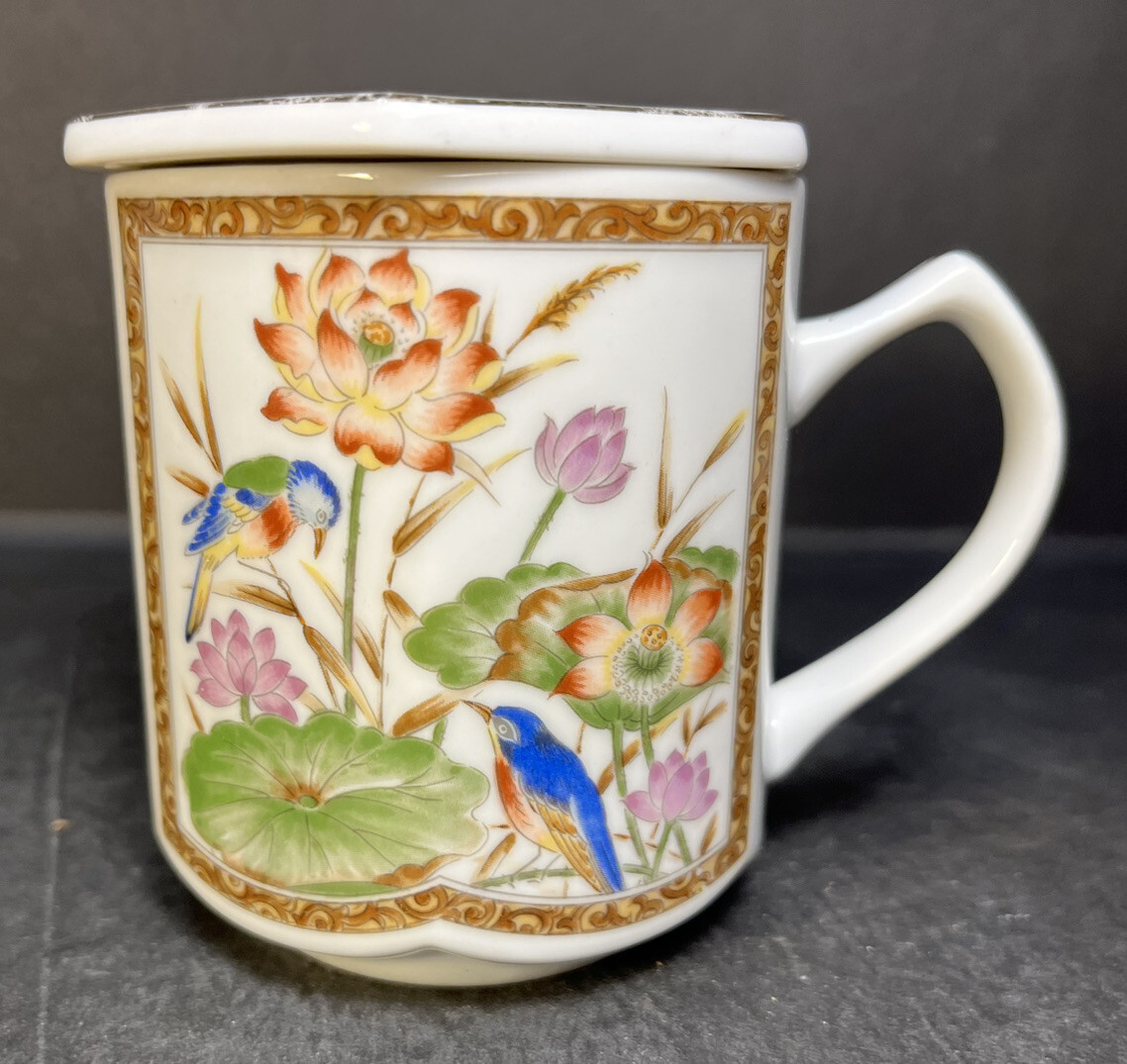 Vintage Coffee Mug Tea Cup Japan Flower Birds Blossoms Lily Hexagon W/ Cover Lid Vintage Coffee Mug Tea Cup Japan Flower Birds Blossoms Lily Hexagon W/ Cover Lid