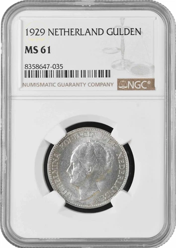 Netherlands 1 gulden 1929, NGC MS61, "Queen Wilhelmina (1890 - 1948)" silver