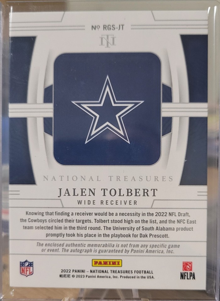 2022 Jalen Tolbert RPA /99 NFL GEAR National Treasures On Card Auto