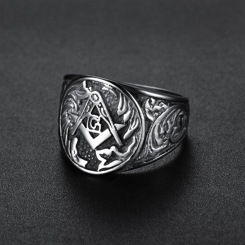 Anello massonico stile intaglio libero acciaio inox vintage muratore biker punk ring - Foto 7 di 8