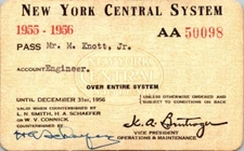 1955 - 1956 New York Central System Railroad Pass - Engineer