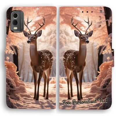 Personalised Text Wallet Phone Cover For Nokia Series - Deer in Snow Forest