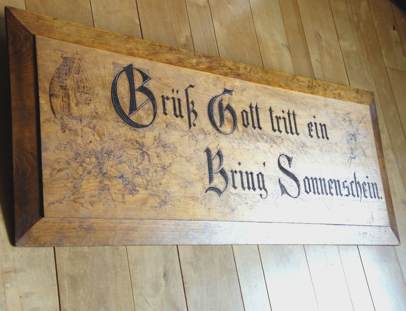 Altes Holzschild groß antik Brandmalerei Spruchbild Sinnspruch Haussegen 100cm