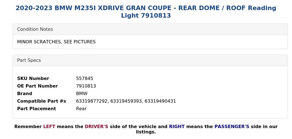 BMW M235I XDRIVE 2020-2023 gran cupé - cúpula trasera/techo luz de lectura 7910813 Foto 4 de 4