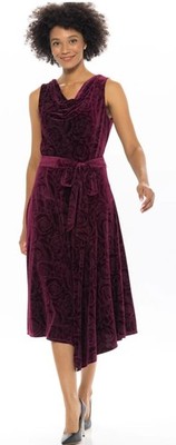 Donna Ricco Cowl Neck Purple Velvet Floral Sleeveless Belted Midi Dress 4 NWOT