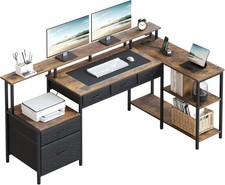 L Shaped Computer Desk with USB Ports, Power Outlets, LED Strip, Drawers & File