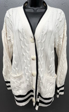 Loft Cardigan Sweater L Ivory Black Cable Knit Pockets Coastal Preppy Academia