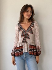 Free People Beige/Black/Orange Geometric Mini Dress XS V-Neck Balloon Sleeve