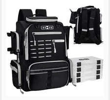 Fishing Tackle Bag With Rod Holder 4 Tackle Boxes 40L Backpack. 15 Compartments
