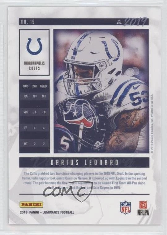 2019 Panini Luminance Blue /99 Shaquille Leonard Darius Leonard #19 - Image 2 of 2