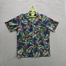 Hilo Hattie Men Button Up Shirt L Blue Floral Hawaiian Short Sleeve Loop Collar