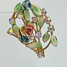 Vintage Brooch Enamel Flower AB Rhinestone Floral Bouquet Mid Century Pin 60s