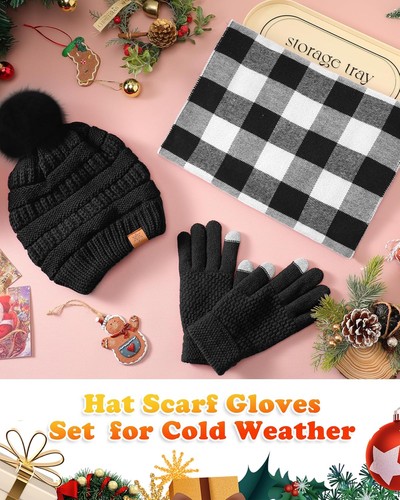 Winter Hat Gloves Scarf Set Women Fleece Lined Beanies Long Scarf Women Black - Picture 3 of 7