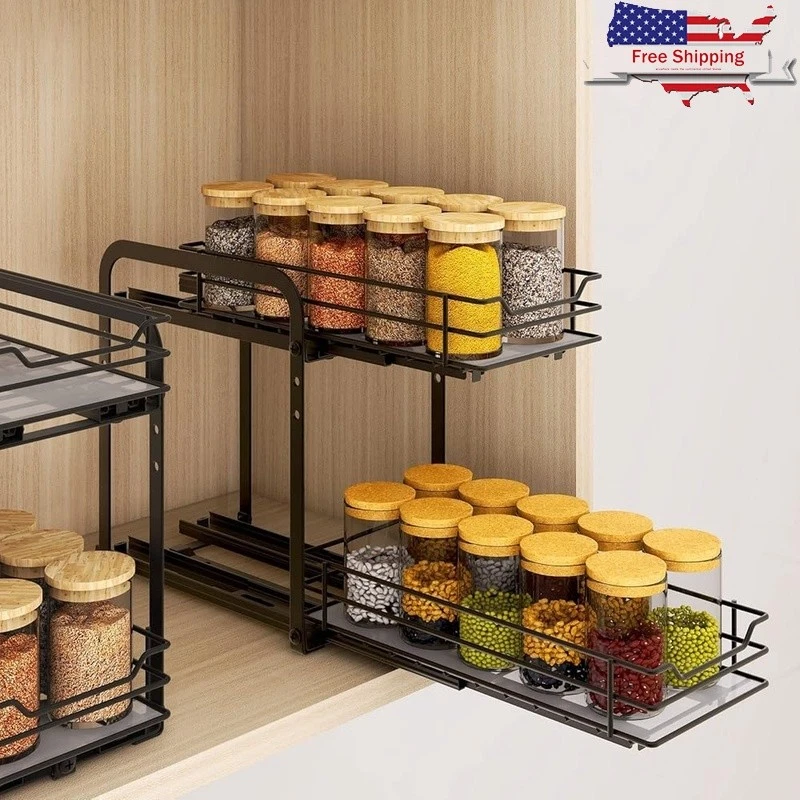 Adjustable Pull Out Spice Rack Metal Organizer Easy Assemble Cabinet Storage New