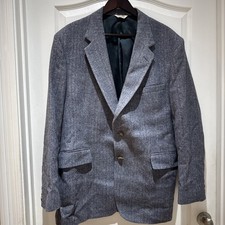 Blue Herringbone Mens Suit Coat Blazer Baby Blue 46L 100% Wool Made In USA