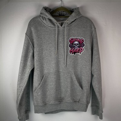 Grind Hard All Work No Play Gray Hoodie Sz L Graphic Design Front Back Grunge