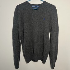 Polo Ralph Lauren Sweater Mens Medium Charcoal Lambswool V Neck Pullover Pony