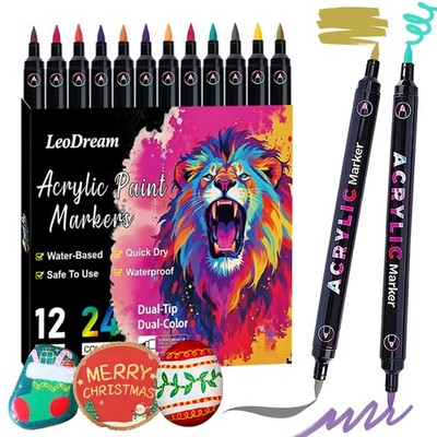 24 Colors Two-Color Dual Tip Acrylic Paint Markers Pens, 12 Pack Brush tip co...