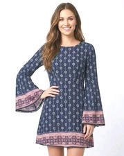 Altar'd State Boho Bell Sleeve Mini Dress Navy Blue Geometric Floral Print Sz M