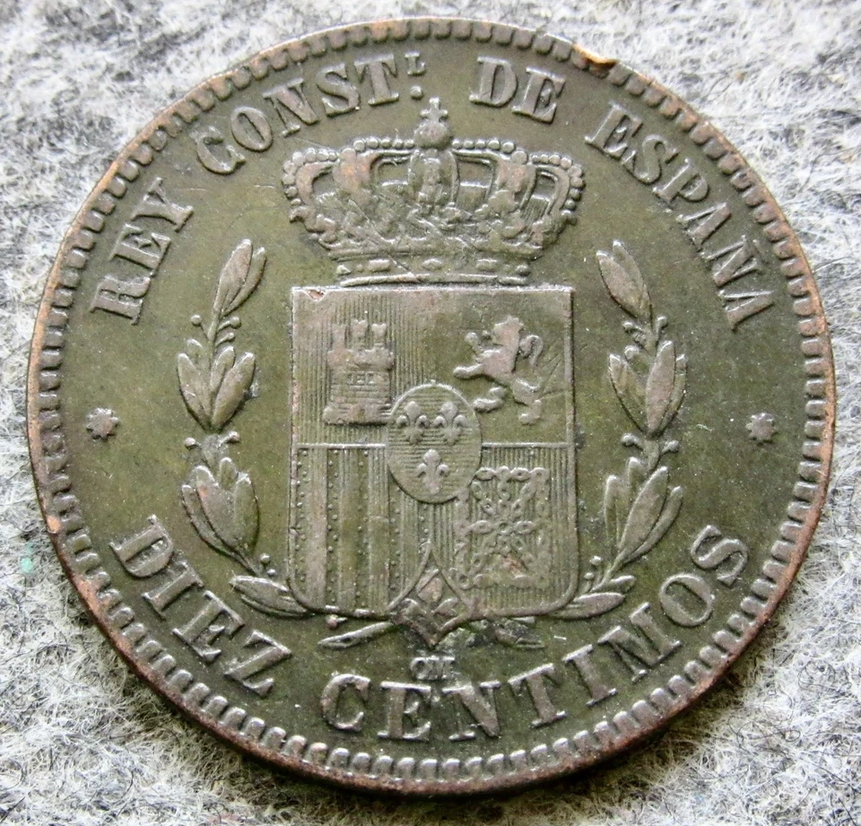 ESPAÑA ALFONSO XII 1879 OM 10 CENTIMOS, Escudo Coronado Bronce km# 675 Foto 3 de 4