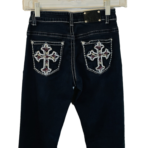 Wired Heart Jeans Girls 12 Cross Embroidery Accents Boot Cut 5 Pockets Dark Blue
