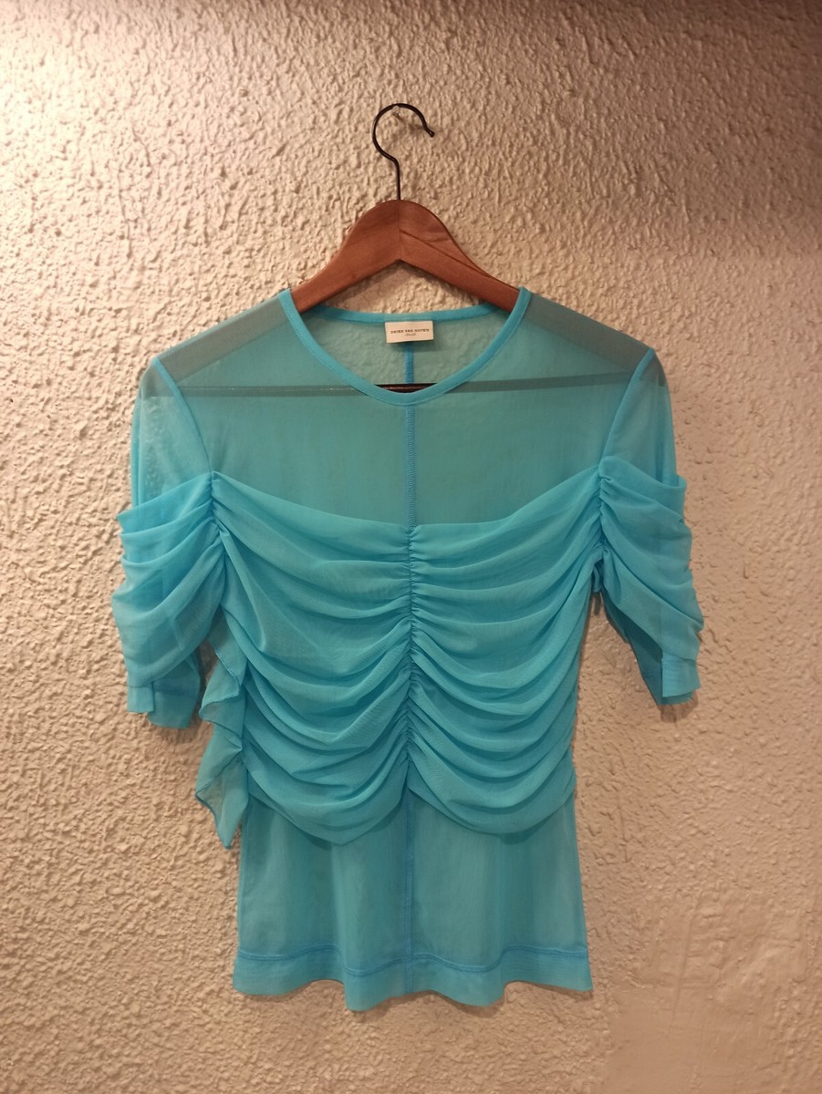 DRIES VAN NOTEN RUFFLED SCOOP- NECK SHORT SLEEVE MESH TOP BLUE