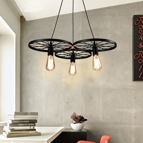 Lampadario industriale sospensione metallo ruota sospensione retrò tubo E27 loft - Foto 16 di 20
