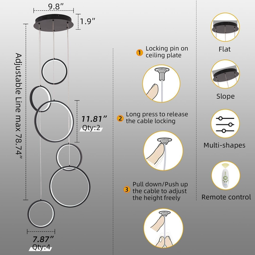 Black Modern Chandelier for Dining Room,Dimmable Modern Led Pendant Light Fixtur - Picture 4 of 9