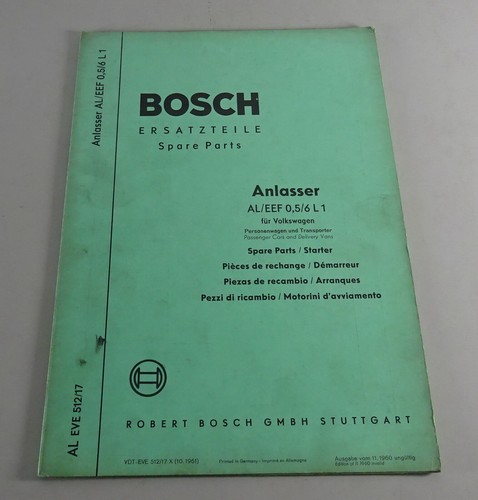 Teilekatalog Bosch Anlasser AL/EEF 0,5/6 L1 für Volkswagen Stand 10/1961