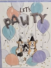 PAPYRUS LET’S PAWTY DOG PUPPIES POM PARTY HATS BIRTHDAY GREETING CARD