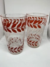 Vtg Hazel Atlas 1/2 pint glasses, red & white horizontal leaves