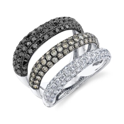 Black Champagne White Diamond Ring 14K Gold Cocktail 3 Pave Connecting Bands