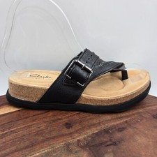 Clarks Brynn Madi Sandals Women's 6M Black Tan Leather Cork Thong Strappy Buckle